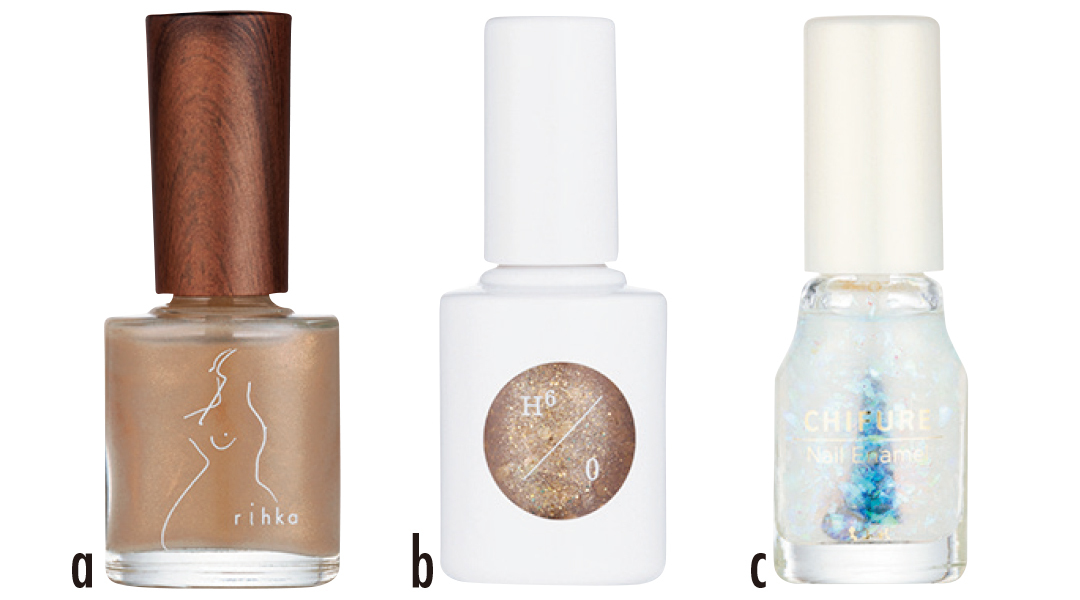 a rihka ネイルポリッシュ tan(タン)、b uka Tokyo head office uka lame base coat zero H6/0、c ちふれ化粧品 ちふれ ネイル エナメル 015