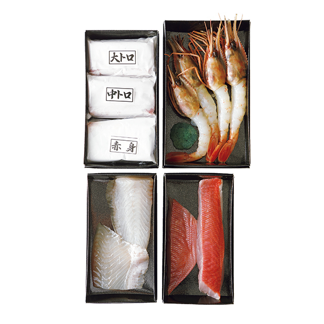 魚は本マグロ(赤身、中トロ、大トロ 各100g)、ボタン海老4尾、白身(半身)2種と充実。1セット¥27,000