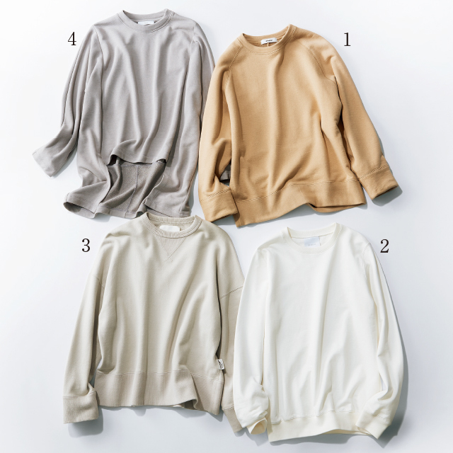 1.スウェット¥26,000/ebure GINZA SIX店(ebure) 2.スウェット¥15,000/スローン 3.スウェット¥17,000/ゲストリスト(アッパーハイツ) 4.スウェット¥16,000/アストラット 新宿店(アストラット)