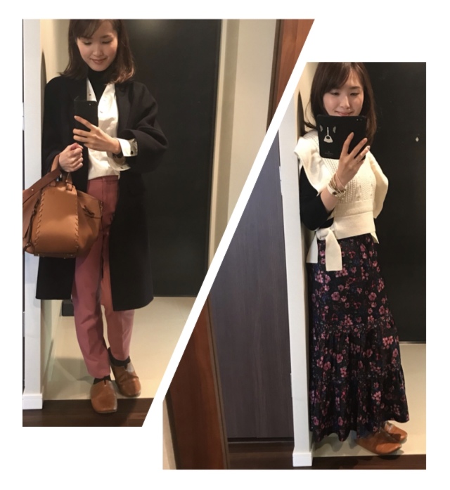 仕事はじめは白シャツ(CINOH)に黒のハイネックニット(UNIQLO)をあわせてきりっと。
次の日は黒地にピンクの花柄が可愛いロングスカート(上下ともにleur logette)