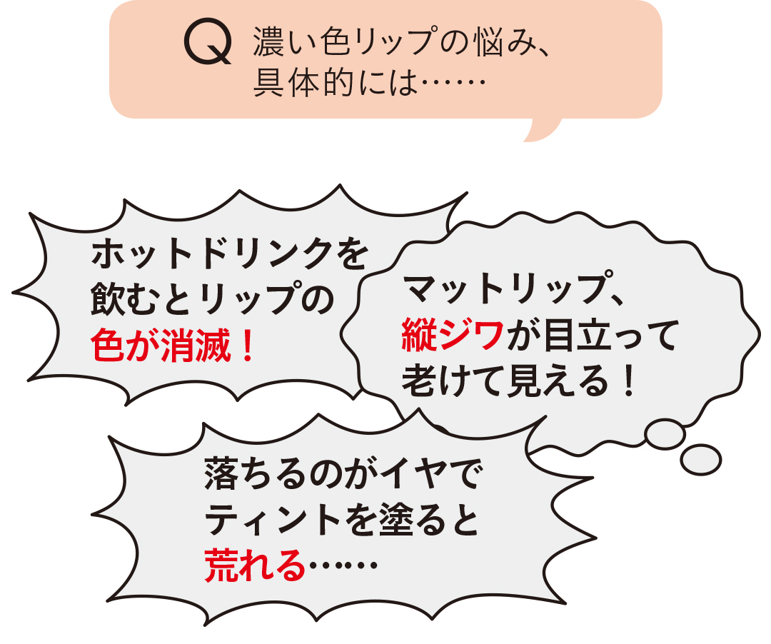 濃い色リップの悩み、具体的には……