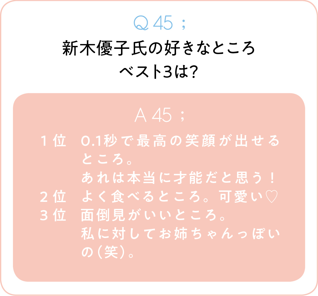 Q45;新木優子氏の好きなところベスト3は? A45;1位0.1秒で最高の笑顔が出せるところ。 あれは本当に才能だと思う! 2位よく食べるところ。可愛い♡ 3位面倒見がいいところ。 私に対してお姉ちゃんっぽいの(笑)。