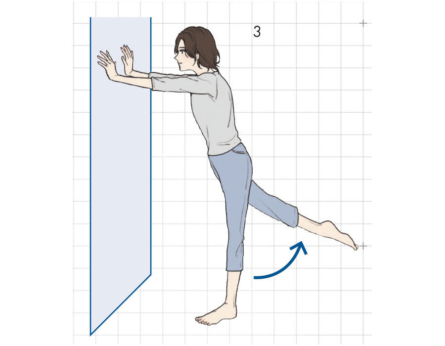 3.そのまま右脚を後ろに伸ばし、そけい部をぐーっと伸ばす。この1〜3を10回、左脚も同様に。