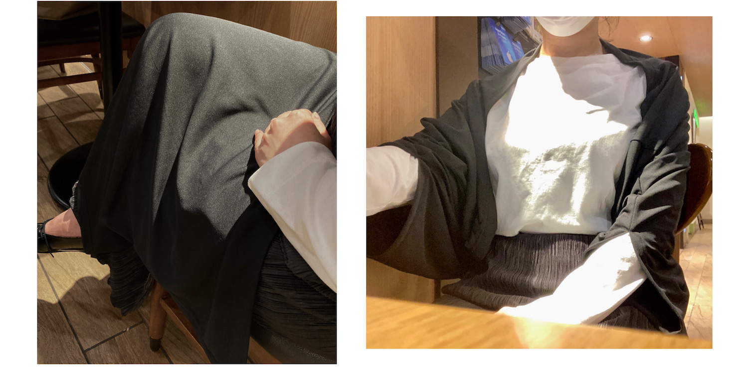 マルチクロスをひざかけ、ボレロとして使用