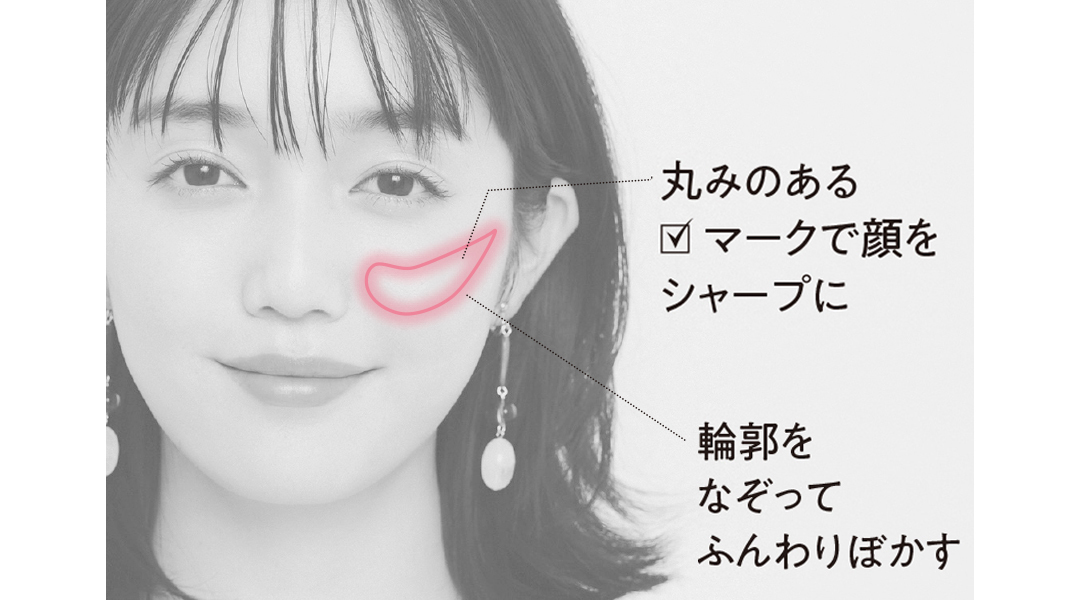 丸みのある☑マークで顔をシャープに 輪郭をなぞってふんわりぼかす