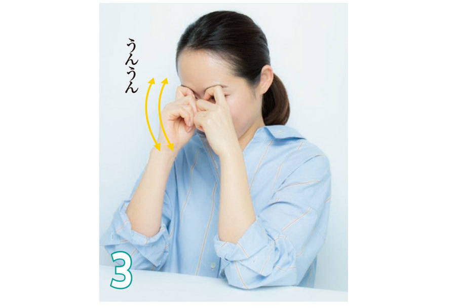 頭の重みで圧をかけ、「うんうん」と縦に2 回(3)、「イヤイヤ」と横に2回(4)首を振る。5回繰り返す。指の位置を眉の中央、眉じり、上まぶたの脇にずらし、同様に 。