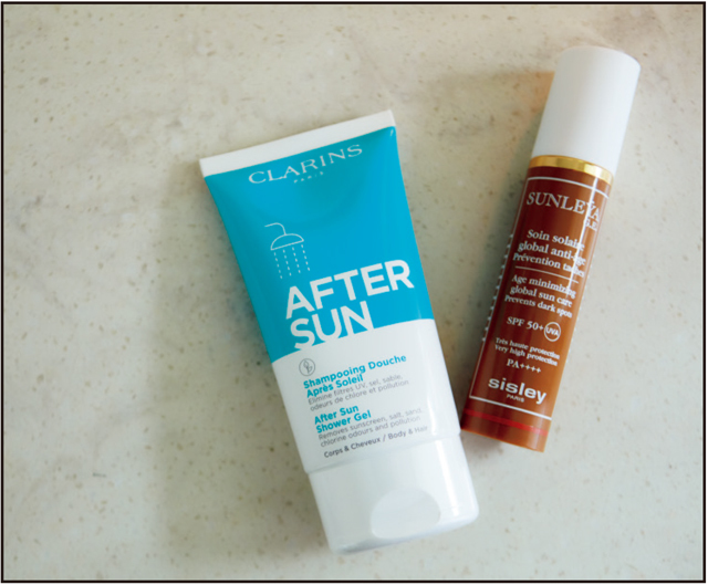 (右)シスレーのサンレイヤ G.E. SPF50+・PA++++、(左)クラランスのアフターサン シャワージェル