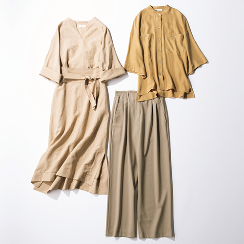 女らしさと洗練感を効率よくかなえるベージュのトップス、ボトム、ワンピース