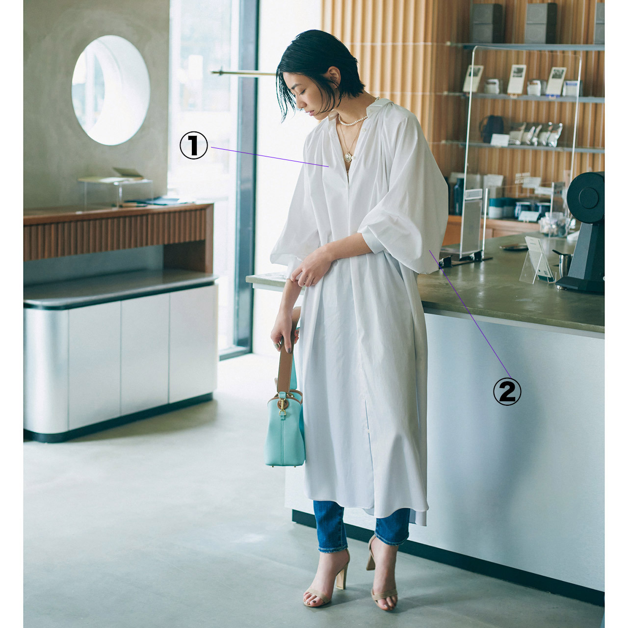 バルーン袖のシャツワンピースか×デニムパンツコーデ