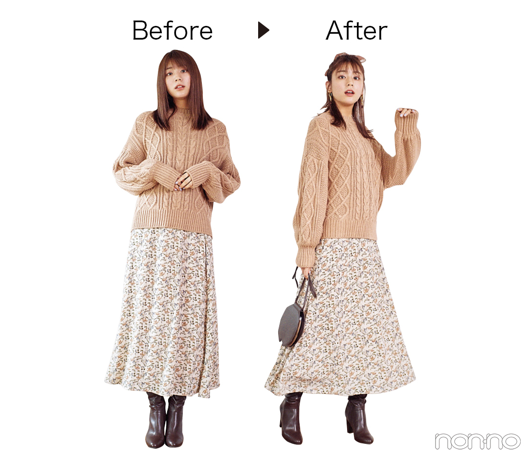 【ヘアアレンジ】ケーブルニットはハーフアップ&バンダナで高さを出す!_1_2