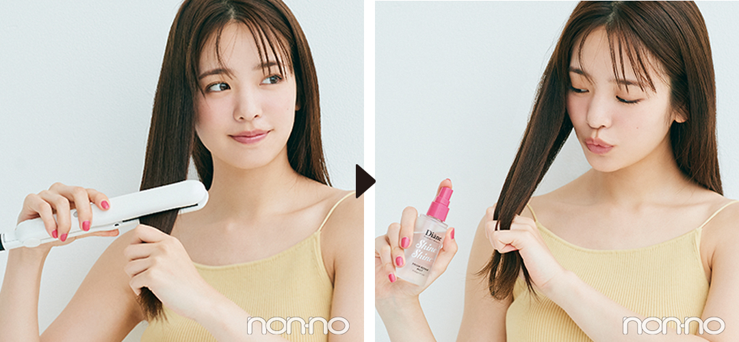 ヘアアイロンなどでスタイリング後、髪に直接ダイアン パーフェクトビューティー ミラクルユー シャイン!シャイン! プリズムリペアミストをシュッ