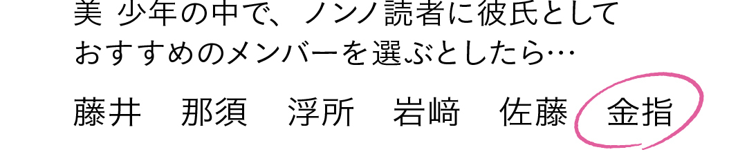 美 少年の中で、ノンノ読者に彼氏として おすすめのメンバーを選ぶとしたら… 藤井 那須 浮所 岩﨑 佐藤 ◯金指
