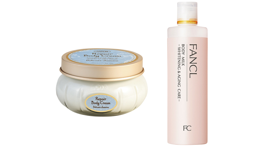 (左)SABON Japan リペアボディクリーム デリケート・ジャスミン、(右)ファンケル ボディミルク 美白&エイジングケア