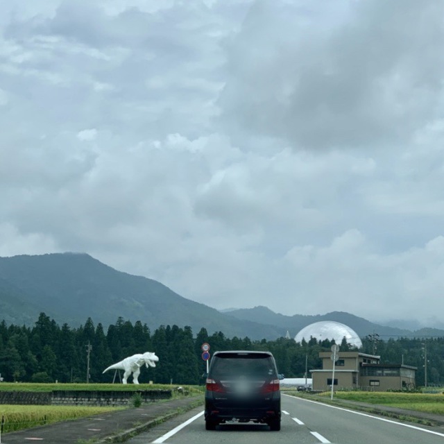 恐竜博物館に向かう車のBGMは当然『ジュラシックパーク』のサントラ!高まるー!半球型の建物が恐竜博物館。