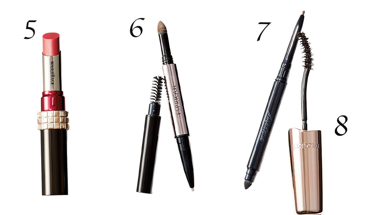 ⑤ドラマティックルージュN BE771¥2,800(編集部調べ)/マキアージュ ⑥エスプリーク W アイブロウ(スリムペンシル&パウダー) GY002¥2,100(編集部調べ)/コーセー ⑦ロングラスティング アイライナー 03¥3,500/アンプリチュード ⑧ロングラッシュ マスカラ BR301¥3,500/コスメデコルテ
