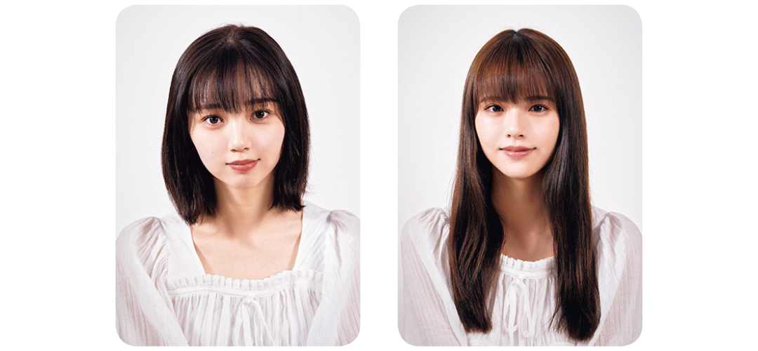 ヘアアレンジ前の鈴木ゆうか(右)、江野沢愛美(左)