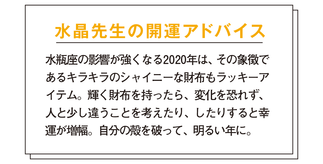 水瓶座の影響が強くなる2020年は、その象徴であるキラキラのシャイニーな財布もラッキーアイテム。輝く財布を持ったら、変化を恐れず、人と少し違うことを考えたり、したりすると幸運が増幅。自分の殻を破って、明るい年に。
