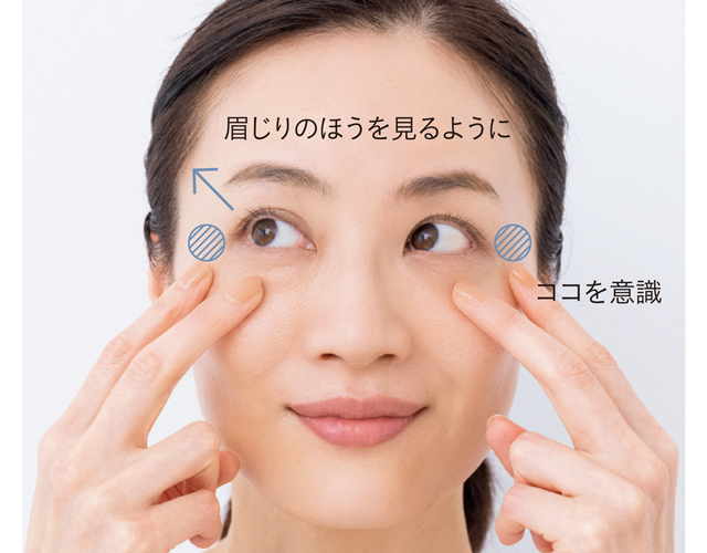 人さし指と中指を目の斜め下に置き、軽く圧をかける。眉を上げ、目を見開いて斜め右上を見て、10回まばたきする。同様に斜め左上を見て、まばたきする(2〜3セット)。