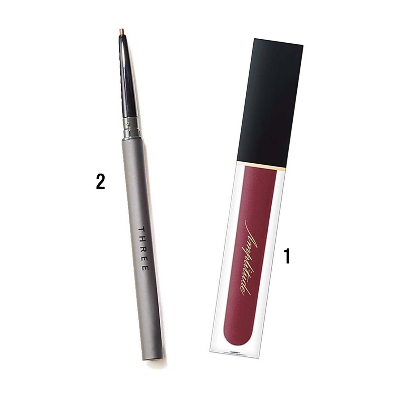1.エクストラボリューム カラーマスカラ 02¥4,400/アンプリチュード 2.クリスタルビジョンインテンシブアイライナー 02¥2,800/THREE