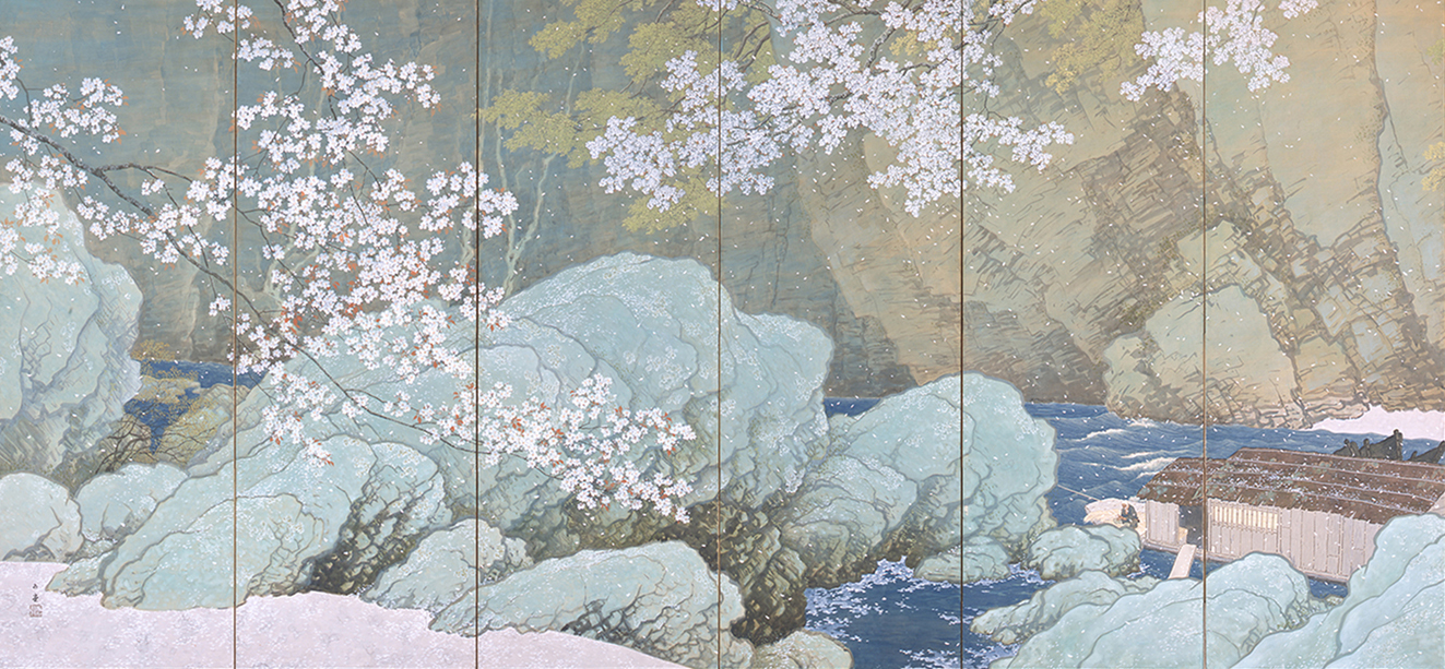 散りゆく美しい桜を描いた重要文化財の川合玉堂《行く春》は、年に一度のこの時期だけ鑑賞できる作品 川合玉堂《行く春》(左隻)1916 重要文化財