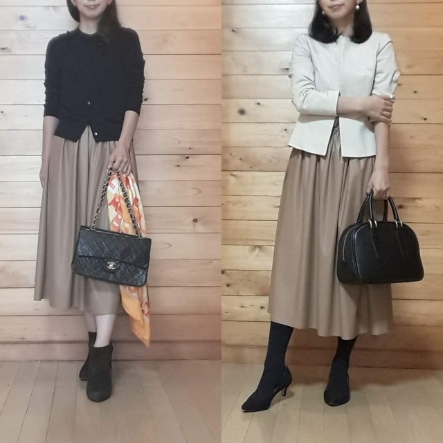 フェイクレザースカートの通勤コーデ