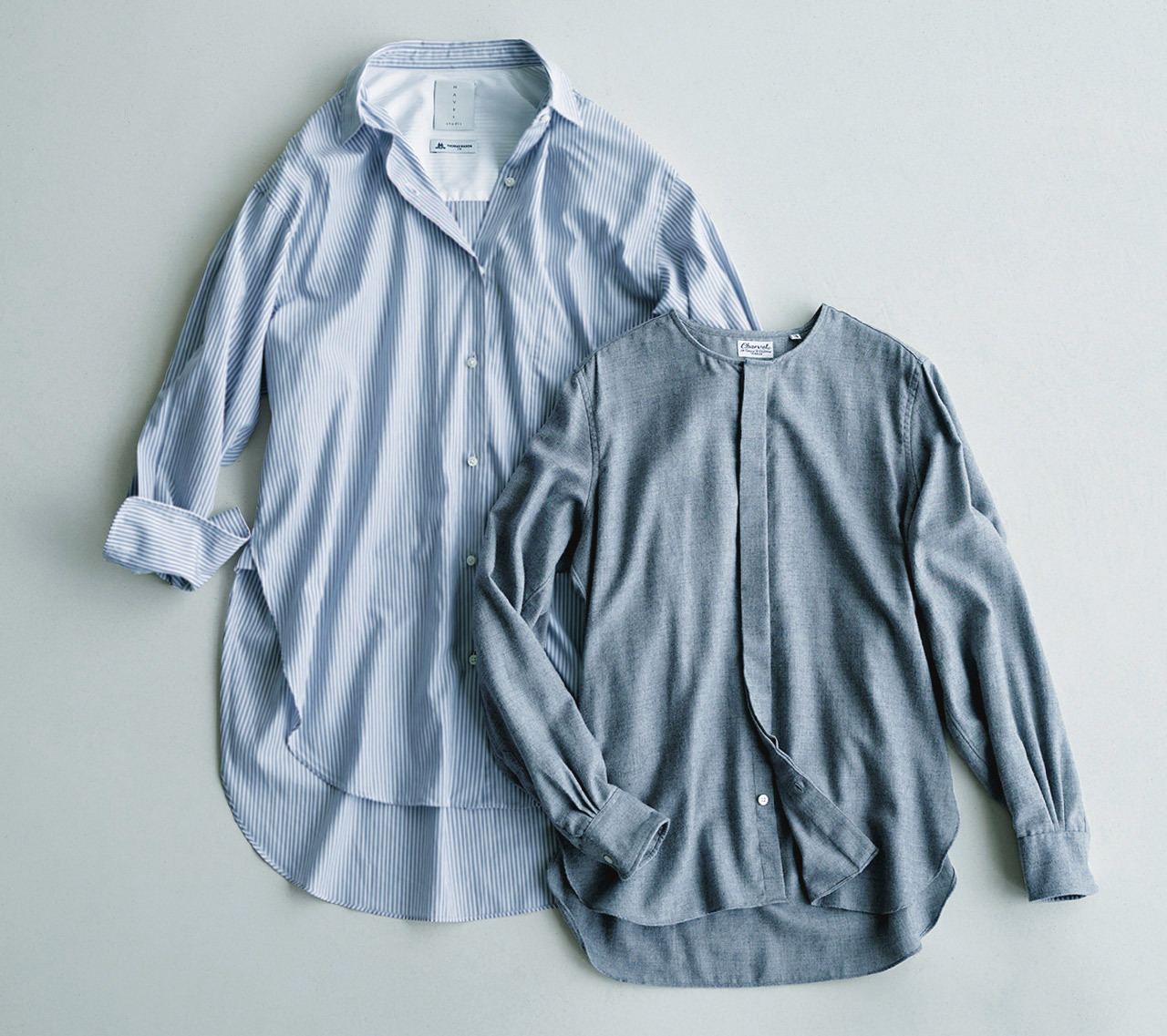 (左)HAVEL studioのビッグシャツ (右)CHARVET のフランネルシャツ