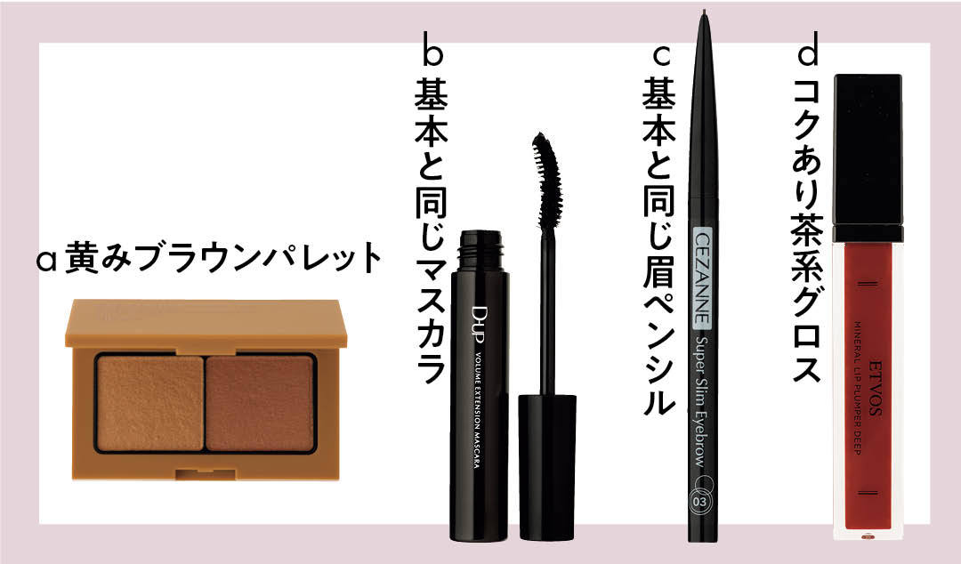 a黄みブラウンパレットb基本と同じマスカラc基本と同じ眉ペンシルdコクあり茶系グロス