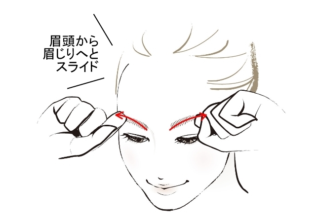 眉頭の下の凹(へこ)んだ部分に人さし指・第2関節の「指鍼」