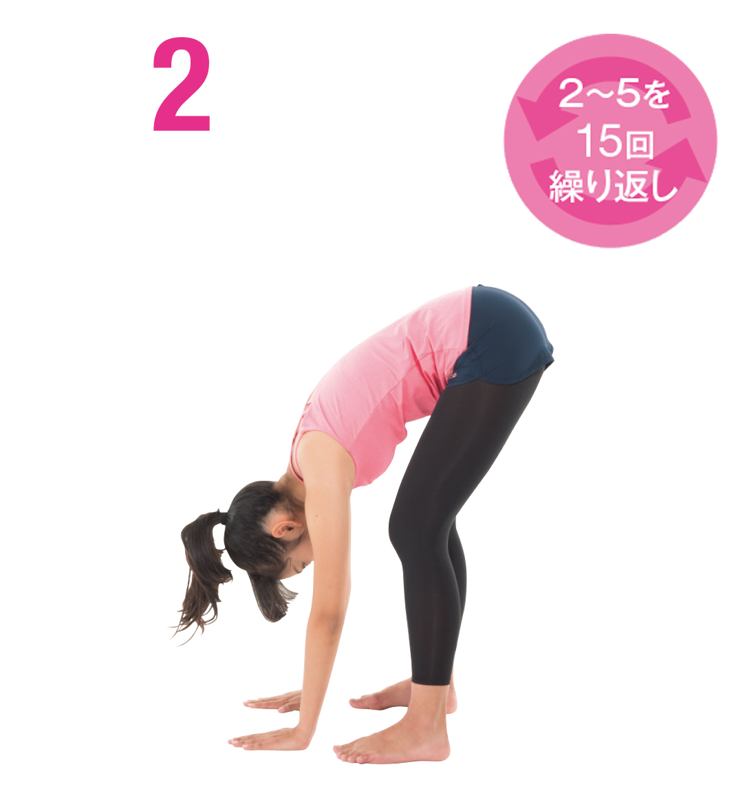 前屈して、両手を床に前屈して、両手を床に 2~5を15回繰り返し