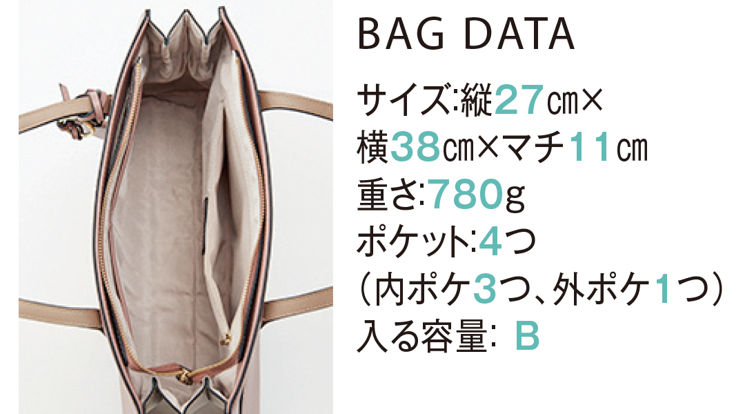 BAG DATA サイズ:縦27cm×横38cm×マチ11cm重さ:780gポケット:4つ(内ポケ3つ、外ポケ1つ)入る容量:B