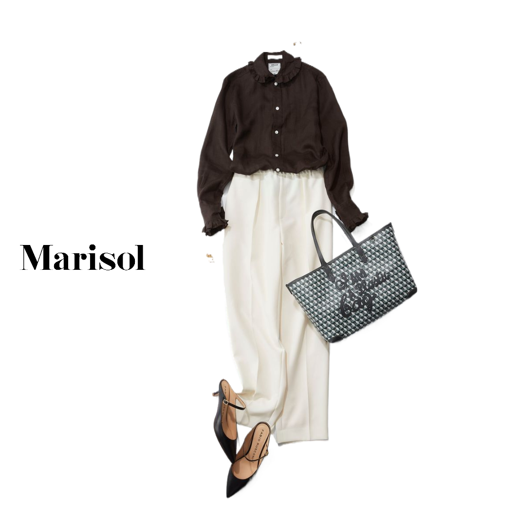 株主総会に出席 清潔感のある白パンツ ロマンティックな華シャツで夢を託して 6月のコーデ 4th Thu ファッション誌marisol マリソル 40代をもっとキレイに 女っぷり上々
