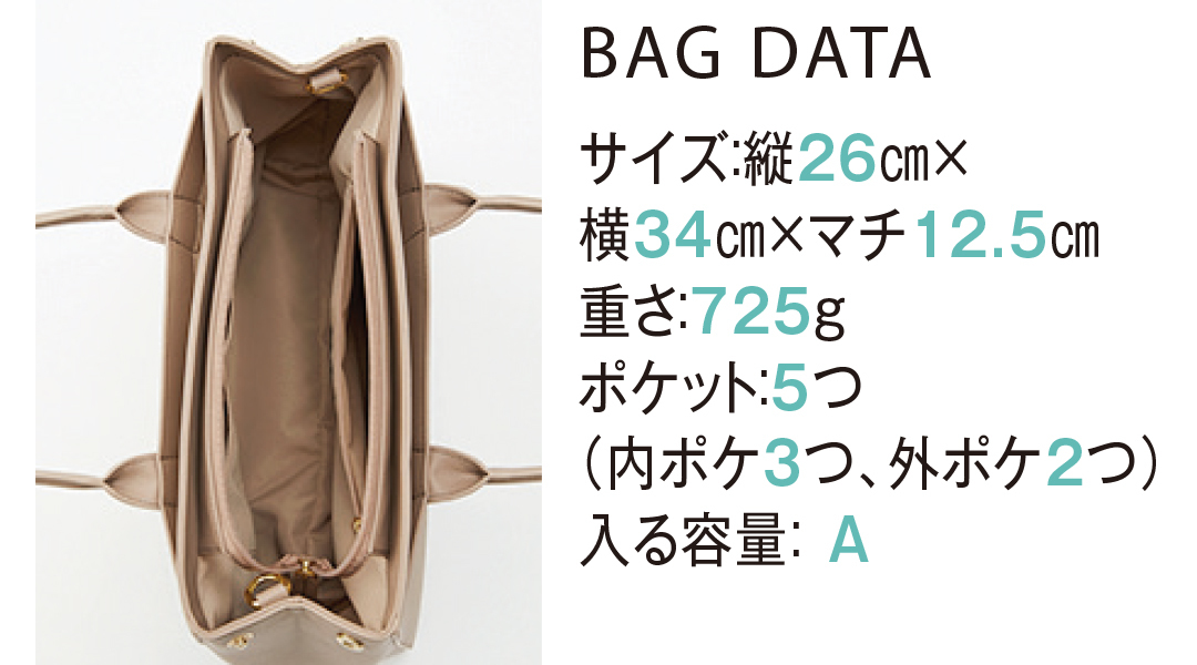 BAG DATA サイズ:縦26cm×横34cm×マチ12.5cm重さ:725gポケット:5つ(内ポケ3つ、外ポケット2つ)入る容量:A