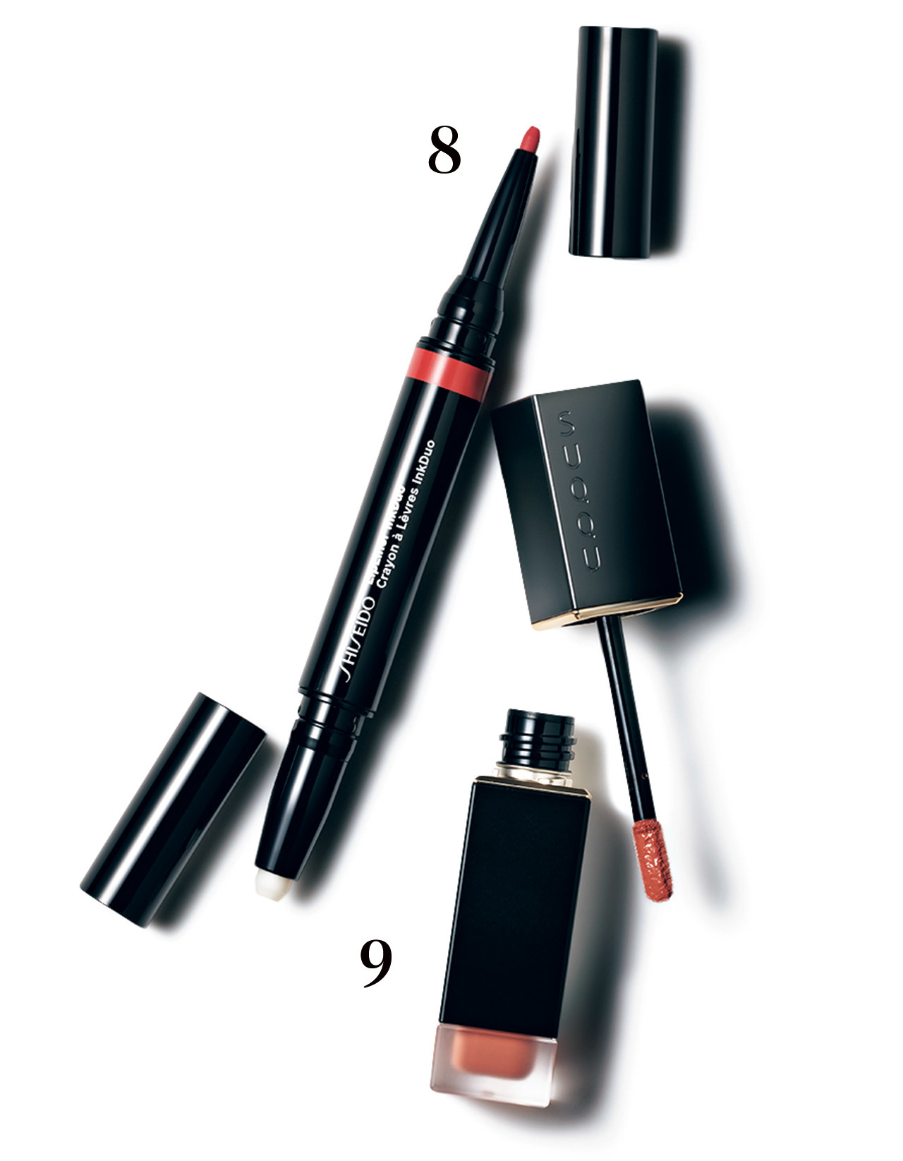 ❽端正な輪郭に仕立てるペンシル。下地を活用すればにじみもなし。SHISEIDO リップライナーインクデュオ 04¥2,600/資生堂インターナショナル ❾唇にフィルターをかけたようなソフトマット質感でソフィスティケート。コンフォート リップ フルイド フォグ 06¥5,000(9/4発売)/SUQQU