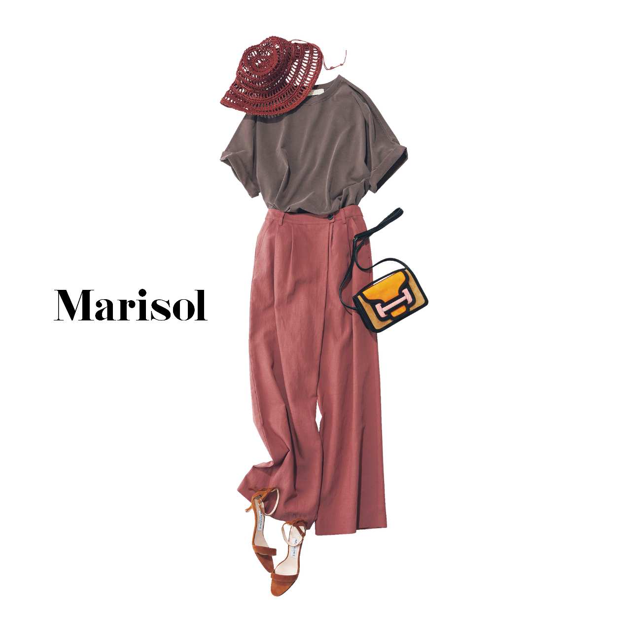 40代ファッション Tシャツ×パンツ×サンダル×帽子コーデ