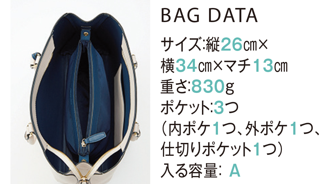 BAG DATA サイズ:縦26cm×横34cm×マチ13cm重さ:830gポケット:3つ(内ポケ1つ、外ポケ1つ、仕切りポケット1つ)入る容量:A