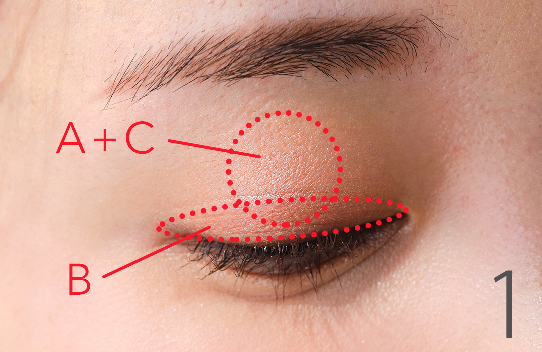 How to可愛げEye Bを上まぶたの二重幅にぼかしてさりげなく陰影をプラス。AとCを混ぜて上まぶたの中央にポンポンと置くようにのせる。
