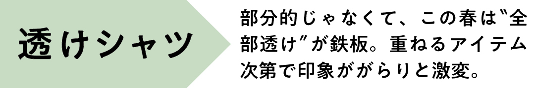 部分的じゃなくて、この春は"全部透け"が鉄板。 重ねるアイテム次第で印象ががらりと激変。