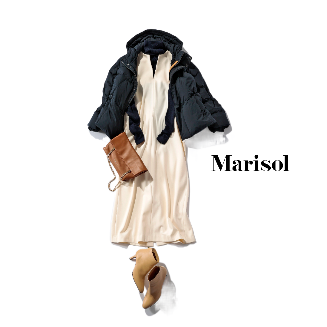 クリスマス前の初デートは肩がけ黒ダウン オフホワイトのワンピースでしっとりと 12月のコーデ 3rd Mon ファッション誌marisol マリソル 40代をもっとキレイに 女っぷり上々