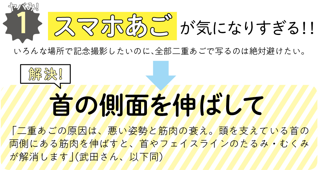 ヤバみ!1 スマホあごが気になりすぎる!! いろんな場所で記念撮影したいのに、全部二重あごで写るのは絶対避けたい。 解決! 首の側面を伸ばして 「二重あごの原因は、悪い姿勢と筋肉の衰え。頭を支えている首の両側にある筋肉を伸ばすと、首やフェイスラインのたるみ・むくみが解消します」(武田さん、以下同)