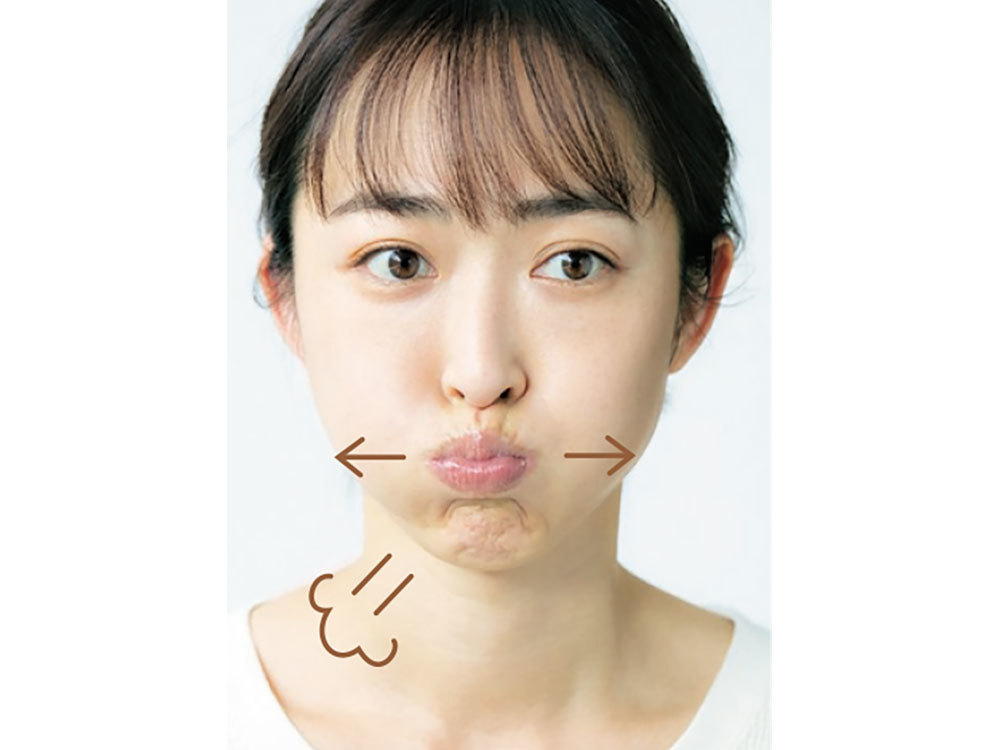 口をぎゅっと小さくすぼめたまま、大きく深呼吸して、両頰をプーッと勢いよく膨らませる。ほうれい線も口まわりもビューティアップ。