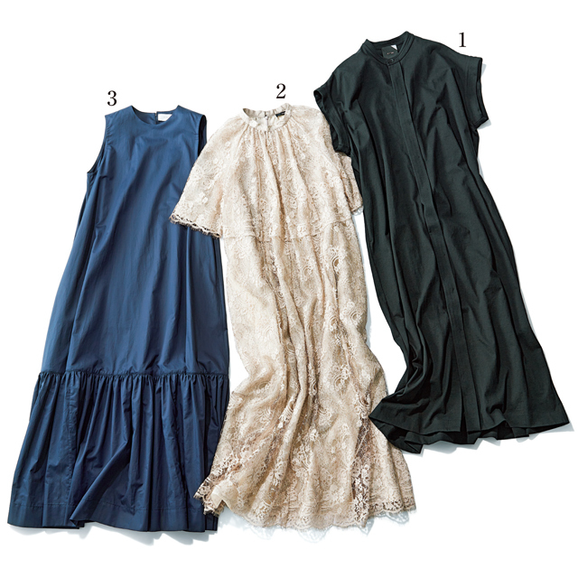 1.ワンピース¥49,000/エイトン青山(エイトン) 2.ワンピース(インナードレスつき)¥160,000/ebure GINZA SIX店(ebure) 3.J&M DAVIDSON(J&M デヴィッドソン)ワンピース¥87,000/J&M デヴィッドソン 青山店(J&M デヴィッドソン)