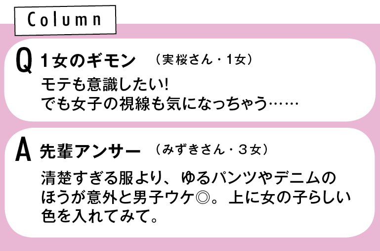 Q 1女のギモン モテも意識したい! でも女子の視線も気になっちゃう……(実桜さん・1女)A先輩アンサー清楚すぎる服より、ゆるパンツや デニムのほうが意外と男子ウケ◎。 上に女の子らしい色を入れてみて。(みずきさん・3女)