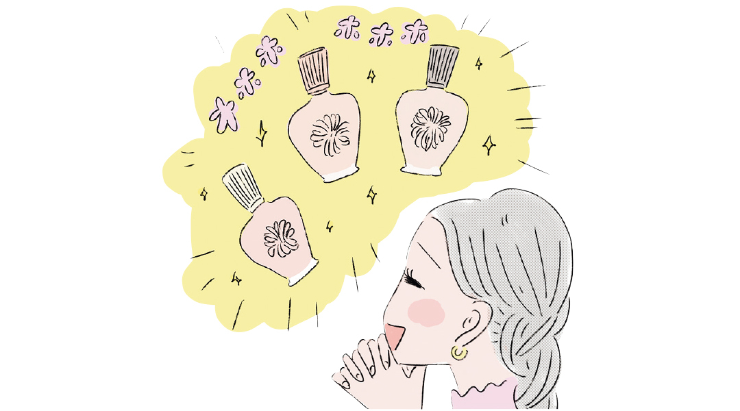3つのベースメイクアイテムを見て感動している女性