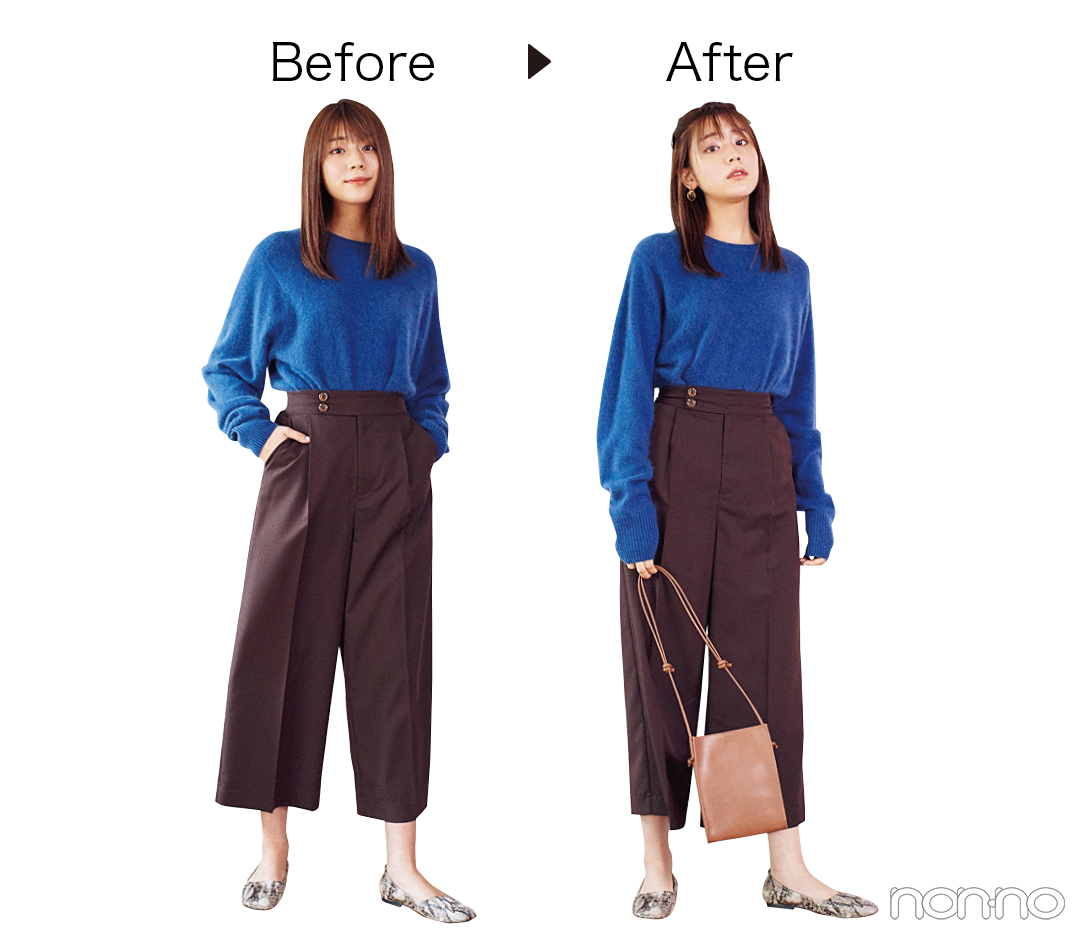 【ヘアアレンジ】クルーネックのニット、前髪はトレンドのピンで留めて小顔に!_1_3
